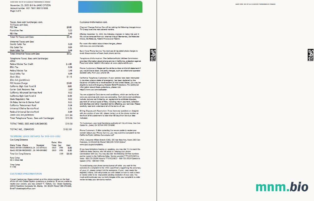 Szablon rachunku za media USA Cox w formatach Word i PDF, 4 strony, 3-4 strony